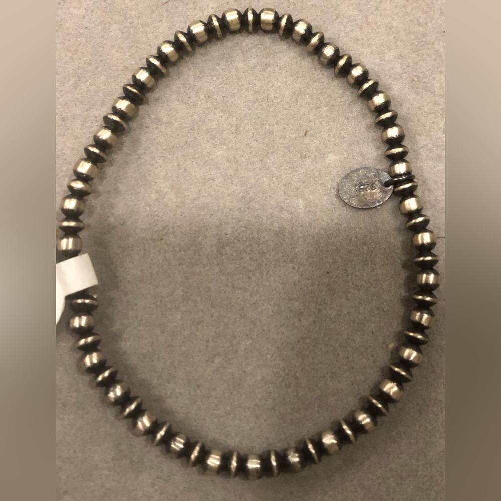 Sterling Silver Oxidized Beaded Stretch Bracelet -3mm Round Etched & Saucer
